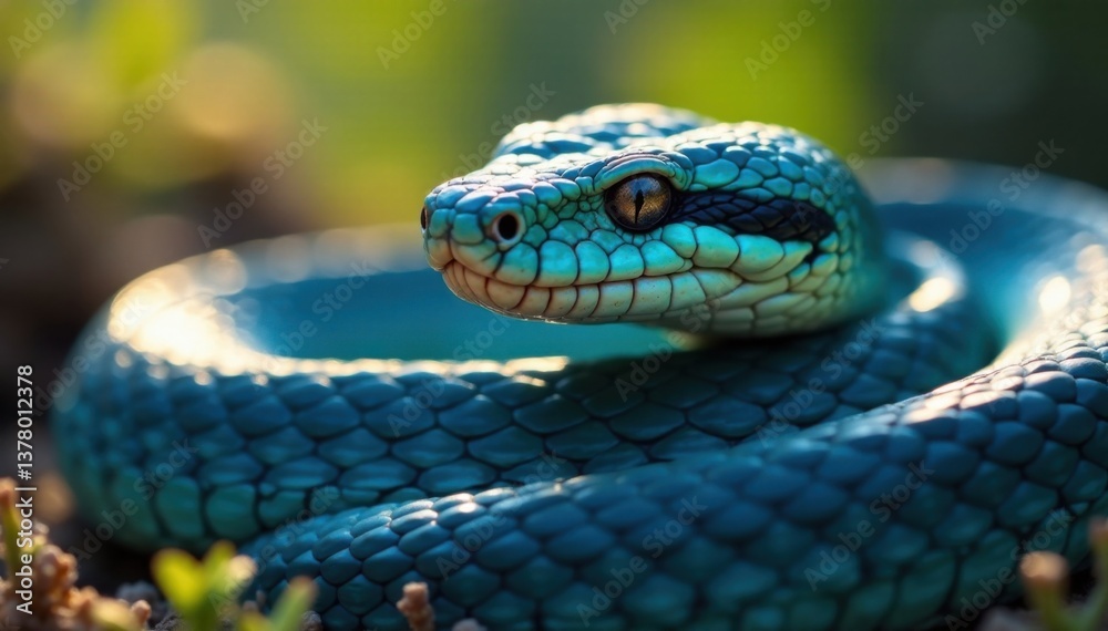 Obraz premium Scales glisten in sunlight as blue viper snake raises head, eyes alert, reptile behavior, wildlife photography, blue venomous snake face closeup