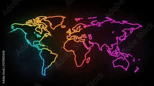 Fototapeta Naklejka Na Ścianę i Meble -  A neon outline world map on a black background.