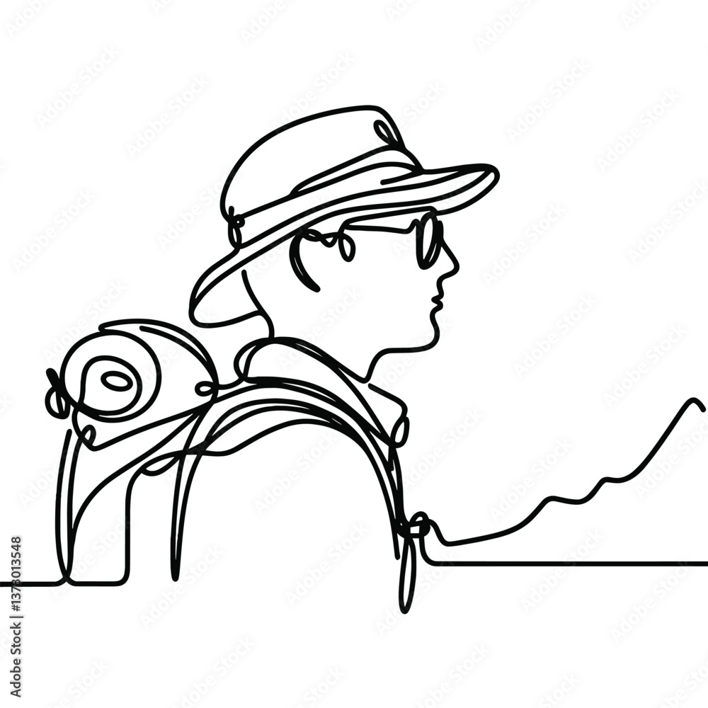One Line Art Illustration of a Traveler Trekking with Backpack in Minimalistic Style One Line Art Illustration of a Traveler Trekking with Backpack in Minimalistic Style
