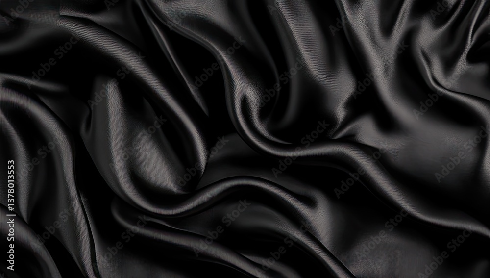 Smooth, dark black satin fabric drapes in flowing folds Smooth, dark black satin fabric drapes in flowing folds