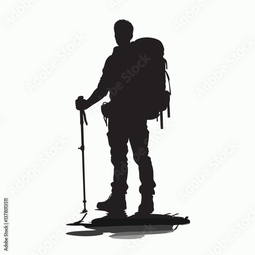 Hiker Silhouette in Nature Exploring Adventure with Backpack and Trekking Pole - Black and White Illustration