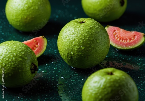 Refreshing guava fruits with water drops for healthy eating concept. Whole pink guavas and slices on dark green surface for vegetarian diet and organic nutrition