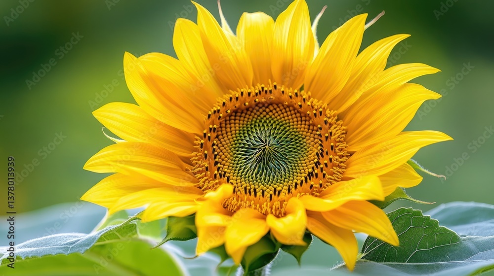Fototapeta premium Bright Sunflower with Vibrant Yellow Petals and Intricate Seed Pattern in Natural Setting