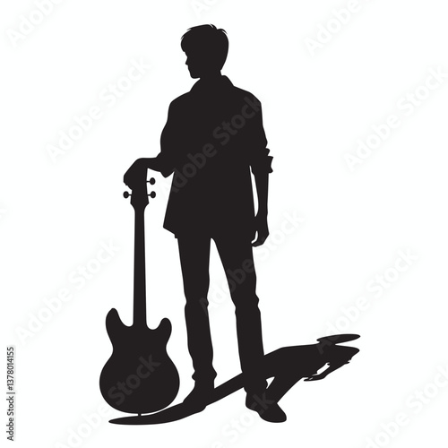 Silhouette of a Guitarist Holding Bass Guitar - Bold Black and White Illustration