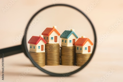 Investigating Miniature Houses on Coin Stacks with Magnifying Glass, Representing Real Estate Investment