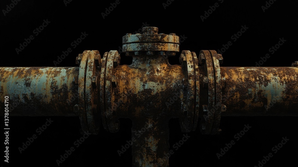 A large industrial valve with bolts and rust details, positioned against a deep black background. A large industrial valve with bolts and rust details, positioned against a deep black background.