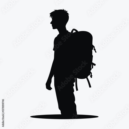 Silhouette of Backpacker Adventure in Minimalist Black and White Art