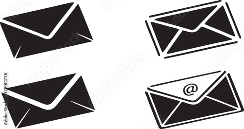 A black vector set of mail icons featuring envelopes and letter symbols for web communication