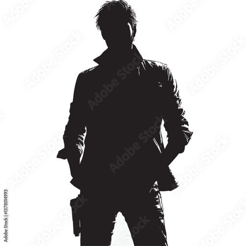Mysterious Figure in Silhouette Dynamic Black and White Flat Illustration