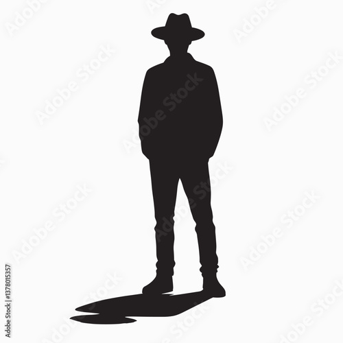 Silhouette of a Man in Hat Casting Shadow - Black and White Illustration