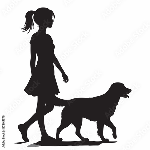 Silhouette of Girl Walking Dog Elegant Black and White Illustration