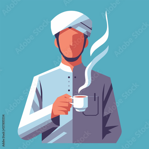 Traditional Attire Man Holding Coffee Cup - Flat Illustration with Turban and Robe