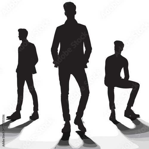 Silhouettes of Stylish Men Trendy Group Poses in Flat Illustration