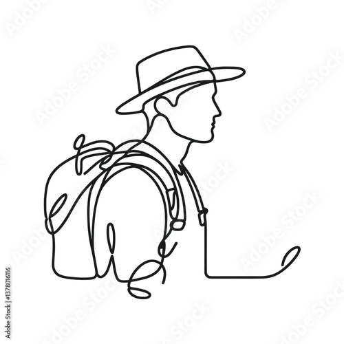 One Line Art of a Traveler with Backpack and Hat - Minimalist Outdoor Illustration
