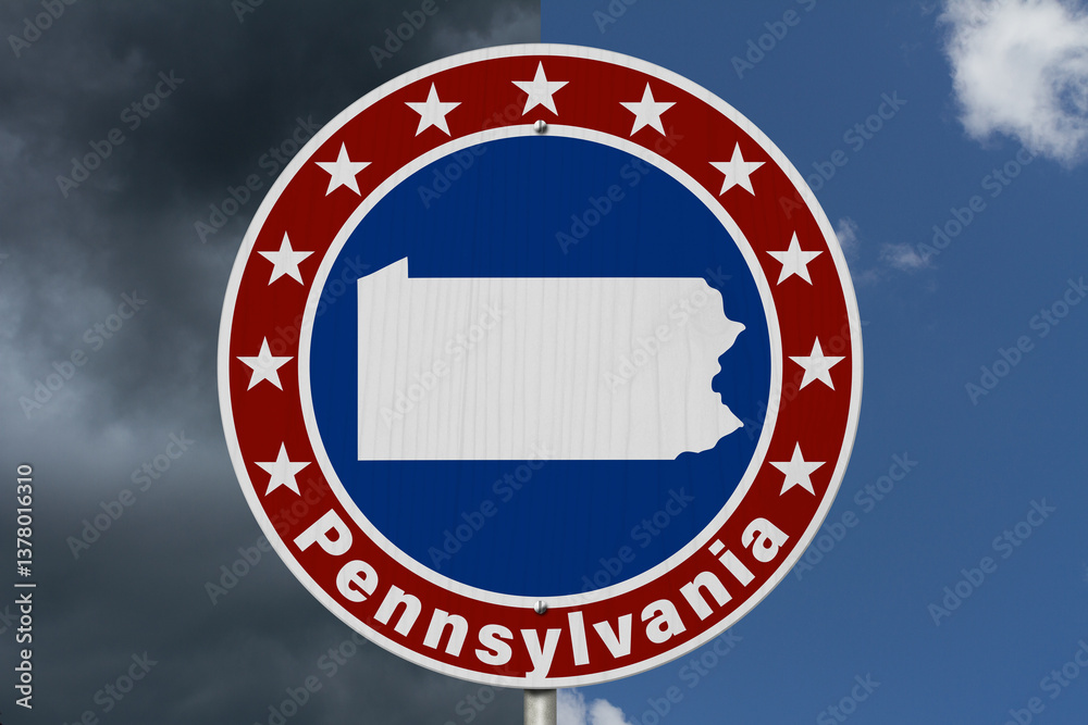 Pennsylvania map with stars on a US red, white and blue road sign