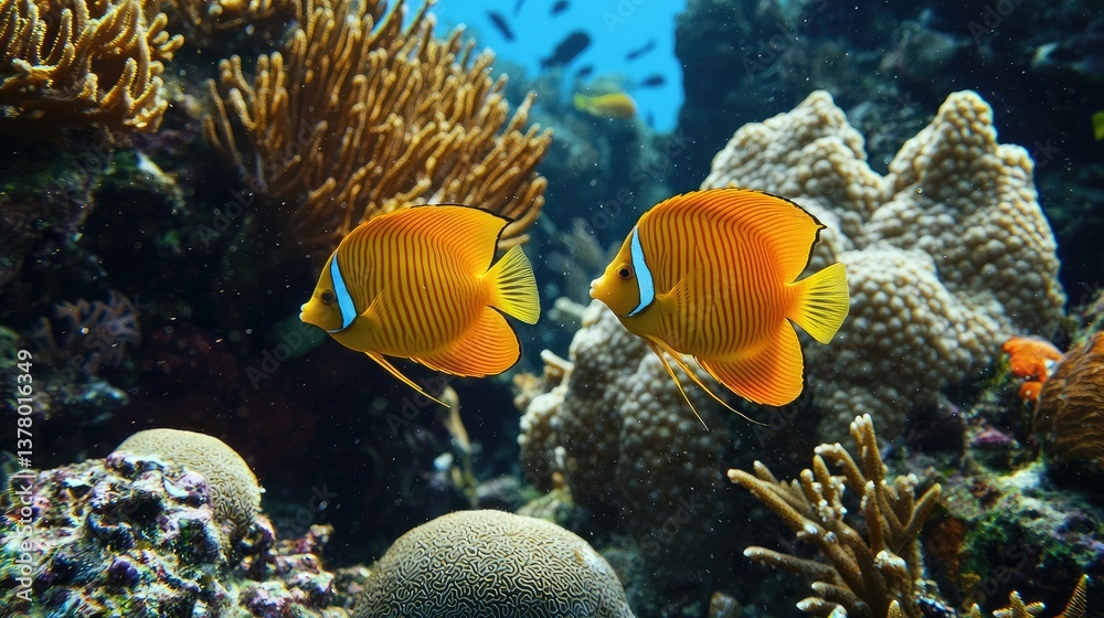 Naklejka premium A pair of bright orange butterflyfish weaving through the coral, their elegant movements adding to the beauty of the reef.