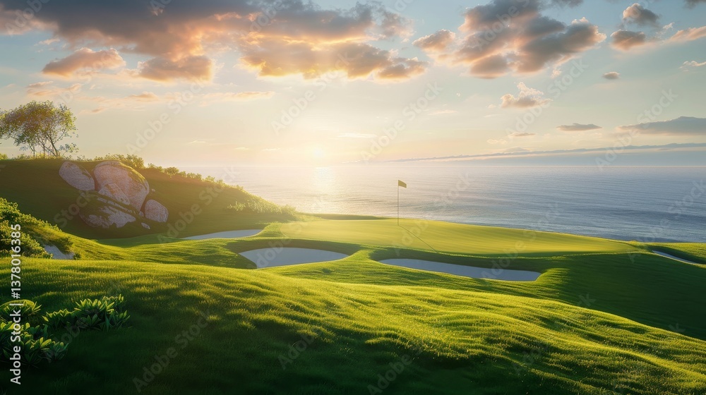 Fototapeta premium Picturesque Coastal Golf Course with Vibrant Greenery,