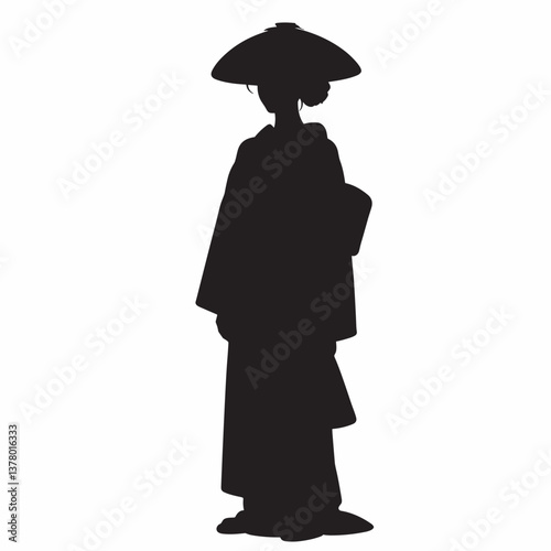 Silhouette of Traditional Japanese Woman in Kimono with Hat Black and White Art