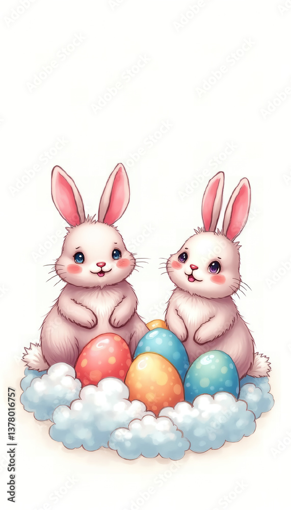 Adorable Easter Bunnies with Pastel Eggs on Cloud Adorable Easter Bunnies with Pastel Eggs on Cloud