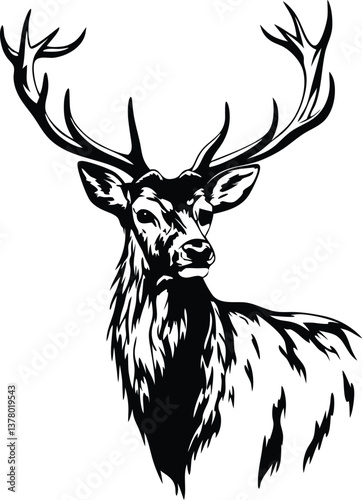 Majestic Stag Head Black and White Deer Antler Illustration