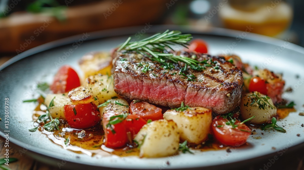Grilled steak with roasted potatoes and cherry tomatoes. Grilled steak with roasted potatoes and cherry tomatoes.
