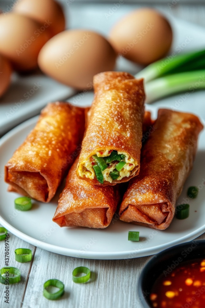 Crispy Egg Rolls on Plate with Sauce & Eggs, Restaurant Food Crispy Egg Rolls on Plate with Sauce & Eggs, Restaurant Food