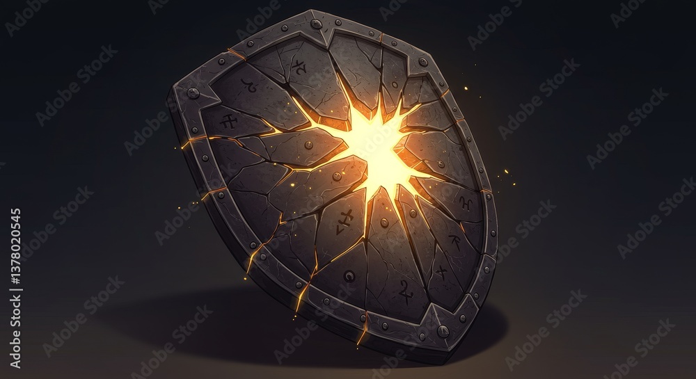 Cracked Shield of Resilience - A damaged shield glows from within, symbolizing strength, endurance, protection, hope, and resilience. The cracks represent challenges overcome Cracked Shield of Resilience - A damaged shield glows from within, symbolizing strength, endurance, protection, hope, and resilience. The cracks represent challenges overcome
