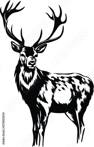 Majestic Stag, Black and White, Antlered Deer, Wildlife Art, Nature Illustration, Forest Animal, Ele