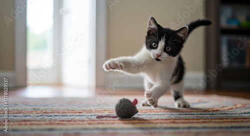 A kitten is playing with a toy in the form of a mouse