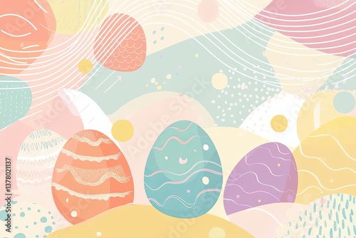 Vector illustration of abstract Easter background with egg shapes and geometric pastel patterns in modern flat style with central copyspace for contemporary greeting or ad