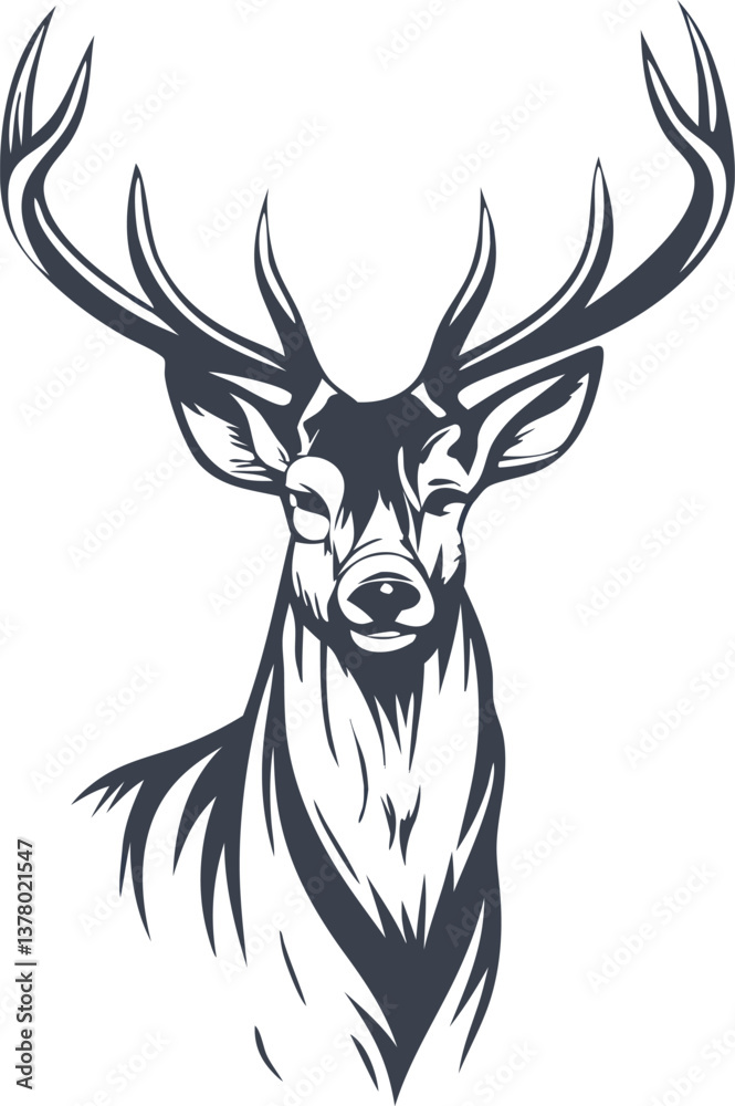 Naklejka premium Majestic Deer Head, Antlered, Elegant, Wild, Nature, Forest, Wildlife, Graphic, Design, Art