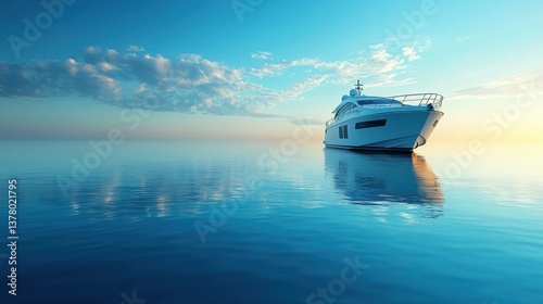 A tranquil, minimalist landscape with a luxury motorboat sailing a calm blue sea, leaving white wakes—perfect for travel, leisure, and serene seascape themes.