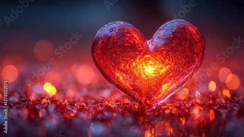 A radiant heart glowing against a rich red backdrop, showcasing passion and love through light painting. Ideal for romantic themes and special occasions.