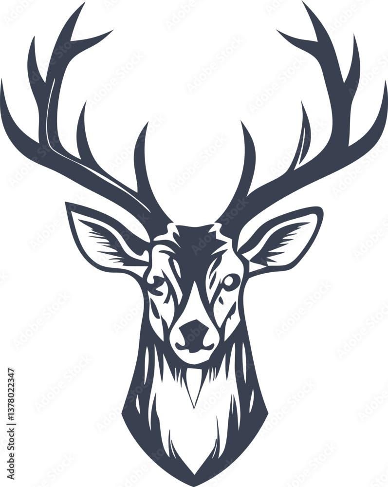 Naklejka premium Majestic Deer Head, Antlered Icon, Wildlife Logo, Nature Symbol, Elegant Design, Hunting Trophy, For
