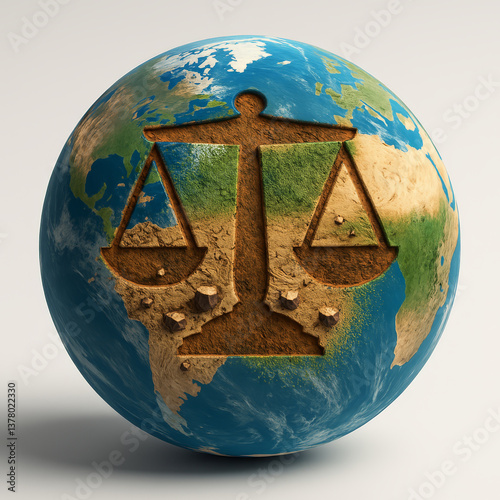 globe with justice scale symbol represents climate justice creatively