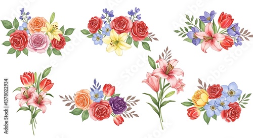 Watercolor flower bouquets isolated on a white background