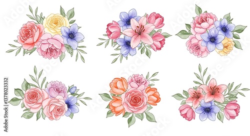 Watercolor flower bouquets isolated on a white background