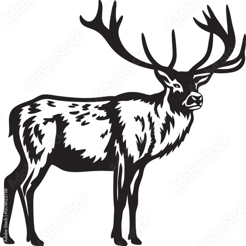 Majestic Stag Silhouette Antlered Deer, Wildlife Art, Black and White