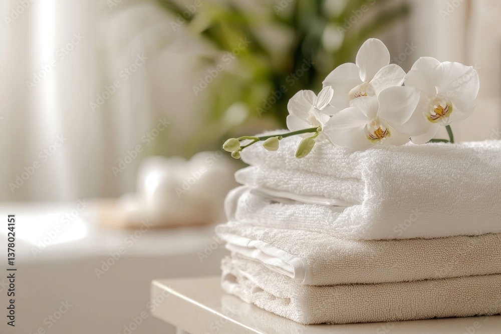 A calming retreat featuring spa towels and floral accents.