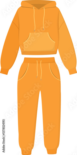 Orange tracksuit of a hooded sweatshirt and jogger pants. Unisex activewear isolated on white