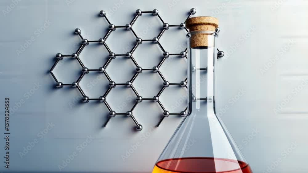 A flask filled with chemical liquid beside a molecular structure, symbolizing chemical research and molecular science.
