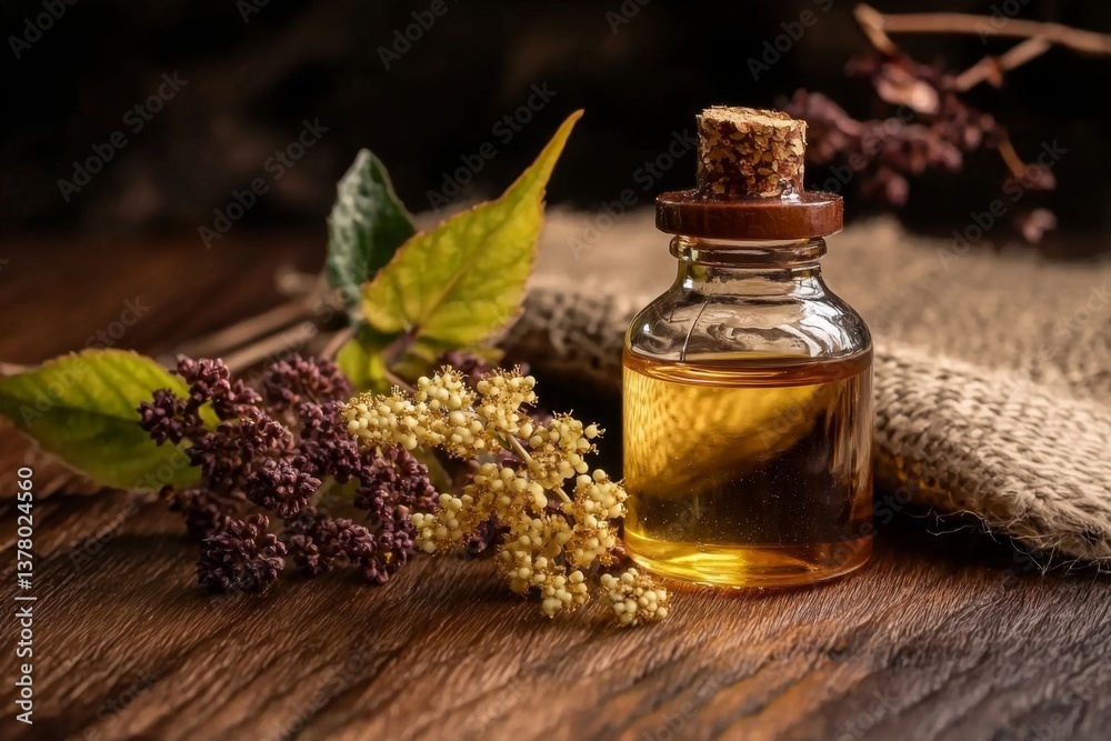Spikenard Essential Oil and Fresh Flowers Displayed on a Wooden Table Spikenard Essential Oil and Fresh Flowers Displayed on a Wooden Table