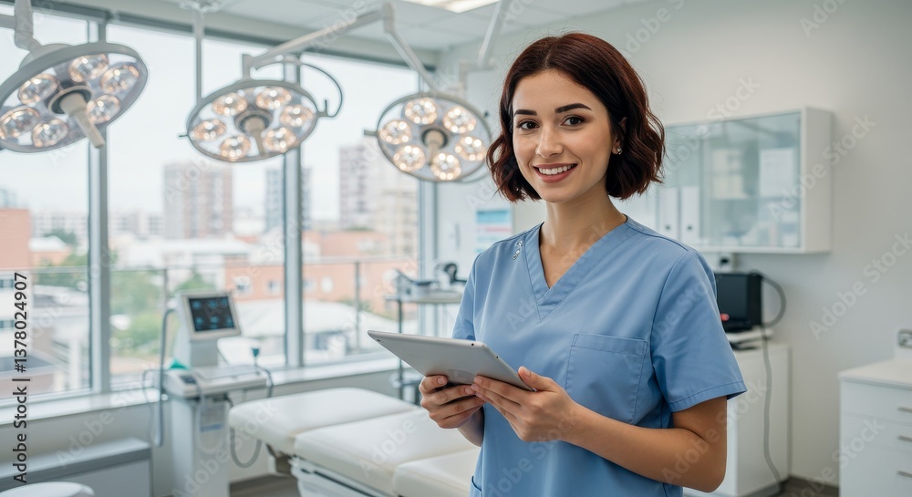 Obraz premium Female Doctor Using Tablet in Modern Clinic - A friendly female doctor in scrubs uses a tablet, symbolizing healthcare, technology, professionalism, patient care, and modern medicine