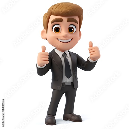 Thumbs Up: A 3D cartoon businessman with a smile, signaling approval and positivity, offering a virtual thumbs-up in a gesture of endorsement and optimism.