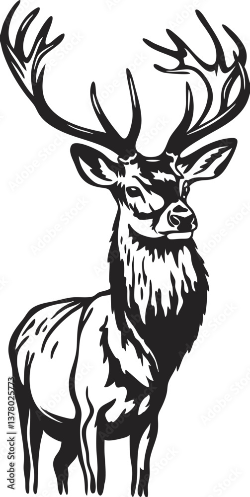 Naklejka premium Majestic Stag, Antlered Deer, Wildlife, Forest Animal, Black and White Illustration, Nature, Graphic