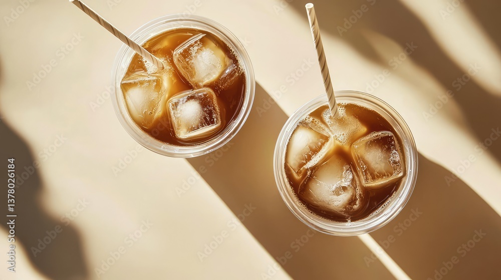 A peaceful aesthetic with two plastic cups of cold coffee on a beige background, the ice cubes and straws adding texture and charm. A peaceful aesthetic with two plastic cups of cold coffee on a beige background, the ice cubes and straws adding texture and charm.