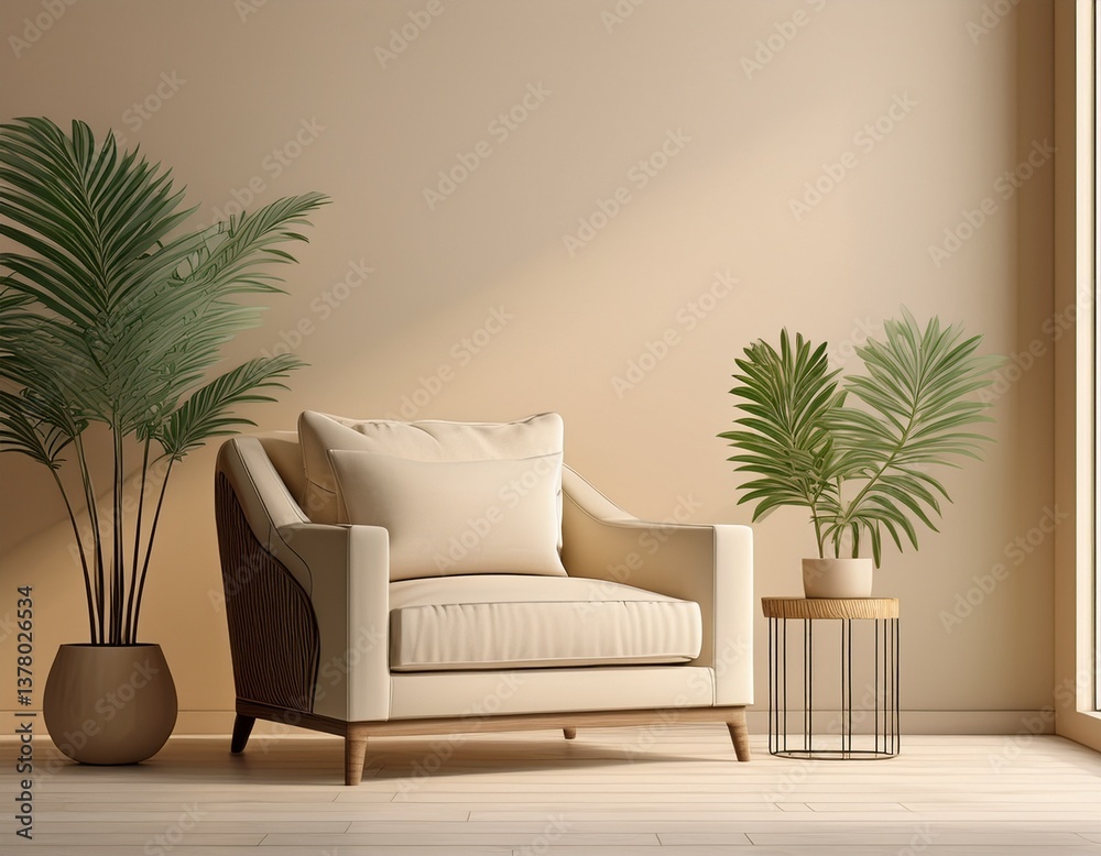 Fototapeta premium living room interior with armchair and plant in light beige tones 3d render