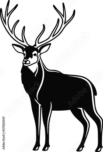 Majestic Stag Silhouette Antlered Deer, Wildlife, Nature, Black and White
