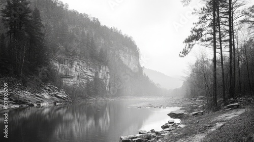 Buffalo National River Arkansas - Tyler Bend Campground Area. Scenic Cliff Overlooking River Stream and Mountain Views