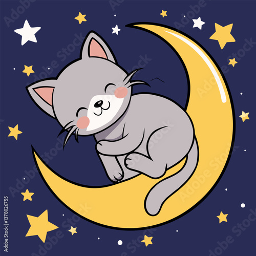 Kitten sleeping on the moon on starry sky backgraund. Good night card. Colorful сhildren's vector illustration